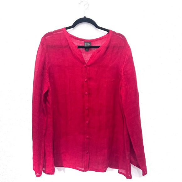 Eileen Fisher linen Vibrant Red Sheer Blouse Large - Picture 1 of 9
